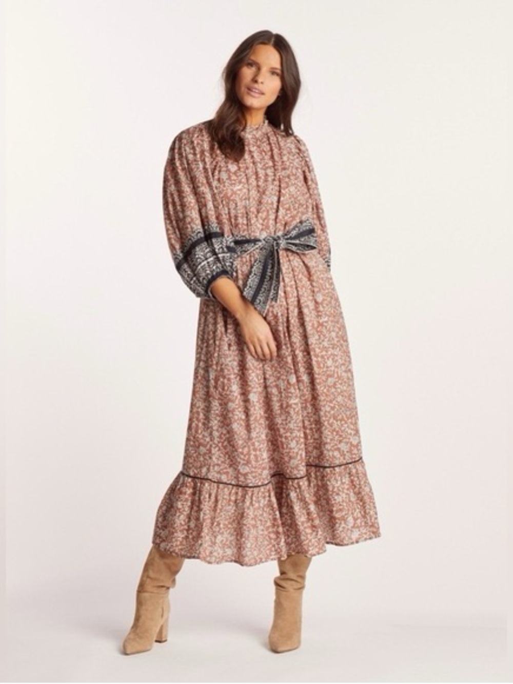 Cleobella Rust Floral Maxi Dress with Contrast Tie